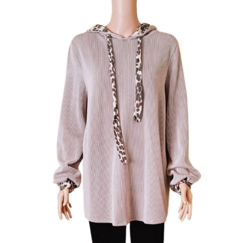 Women's Ribbed Pullover Hoodie 1XL Long Sleeve Leopard Print Trim Stretch